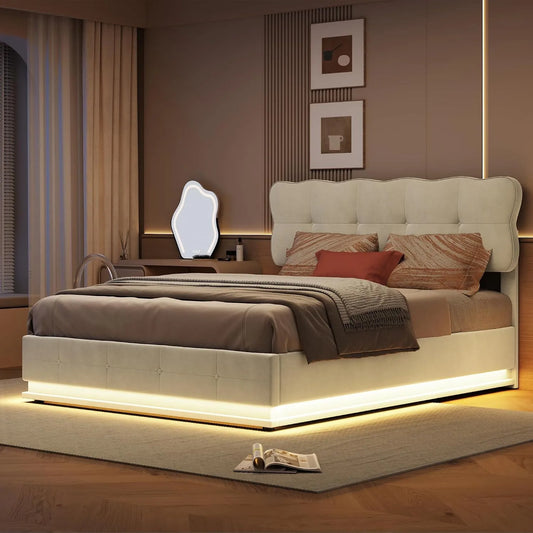 Lit Coffre 160x200 avec sommier: avec rangement, affichage LED, 160 × 200, beige, revêtement en velours