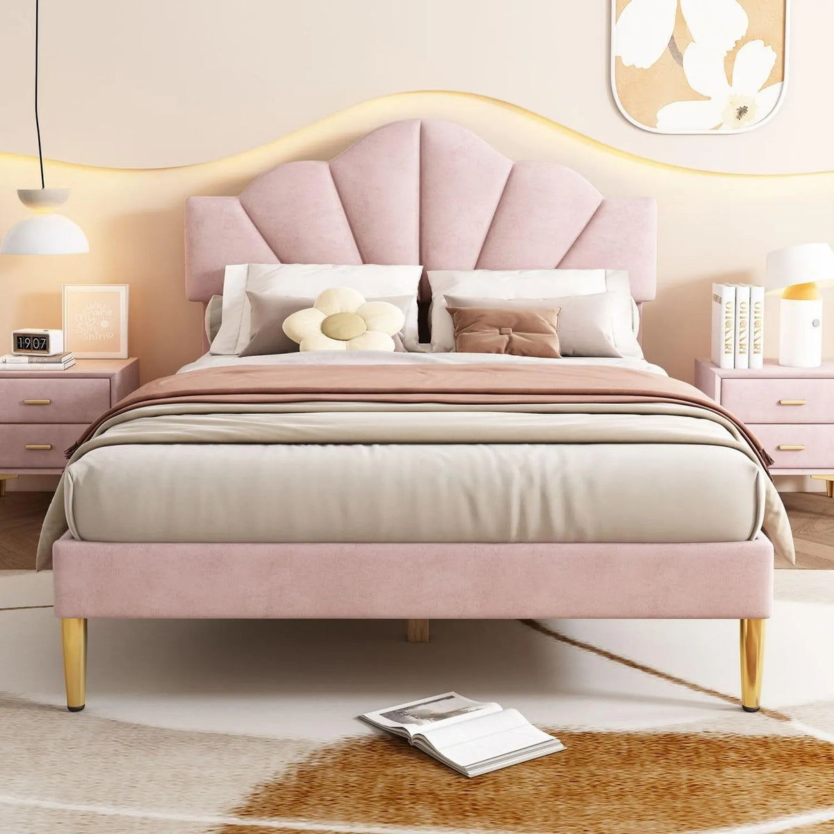 Sweiko Lit Velours Rembourré 140 * 190 cm — en bois, réglable, 140 × 190 cm, rose