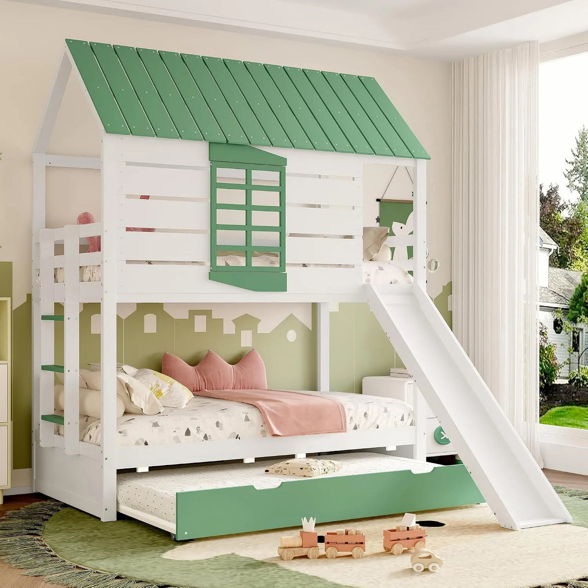 Lit superposé et lit mezzanine – pour enfant, en bois, avec toboggan, avec barrière anti-chute, 90 × 200 cm