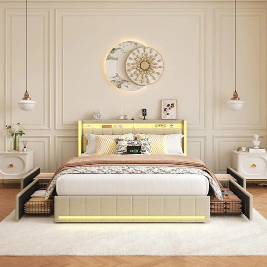 Lit Double 160x200cm avec Éclairage LED et Charge USB — avec tiroirs, avec port USB, affichage LED, 4 Tiroirs, 160 × 200cm, beige, revêtement en tissu