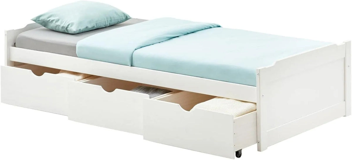 Lit Fonctionnel MIA avec rangements 3 tiroirs 90 x 190 — avec tiroirs, 90 × 190 cm, blanc
