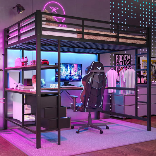 Bureau — pour enfant, en métal, avec tiroirs, avec Bibliothèque et étagère de rangements, 3 tiroirs, 140 × 200 cm, noir, avec étagères