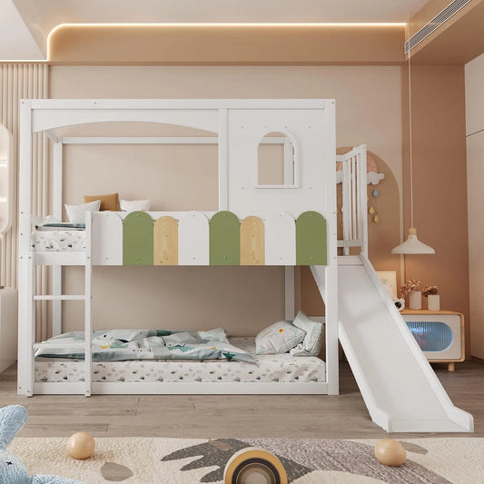 Lit mezzanine — pour enfant, avec toboggan, avec échelle, 90 × 200 cm, blanc