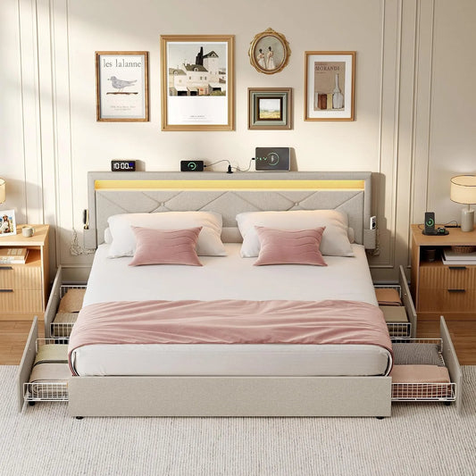 VASAGLE RMB828LH01 Lit rembourré et cadre de lit tapissé – en métal, avec tiroirs, réglable, affichage LED, 4 Tiroirs, 160 × 200 cm, beige
