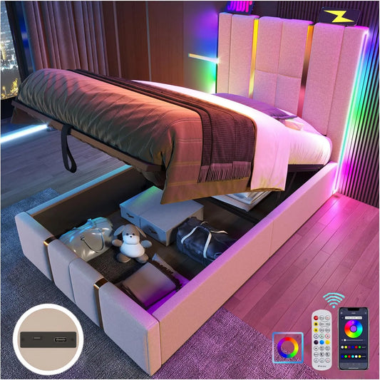 Lit rembourré et cadre de lit tapissé – en bois, avec port USB, affichage LED, 90 × 200cm, beige