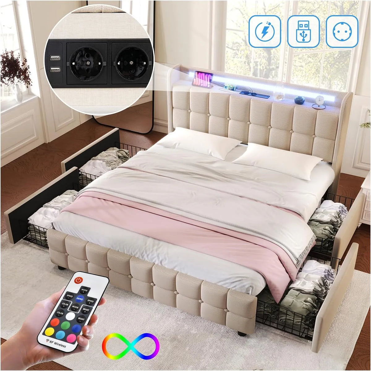 Lit 180x200 avec Sommier LED et USB — avec rangement, avec tiroirs, avec port USB, affichage LED, 4 Tiroirs, 180 × 200, revêtement en tissu