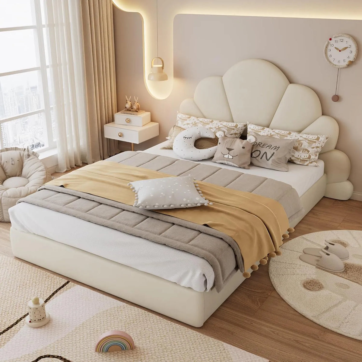 Merax Lit double capitonné 140x200 cm: pour enfant, en bois, 140 × 200 cm, revêtement en tissu