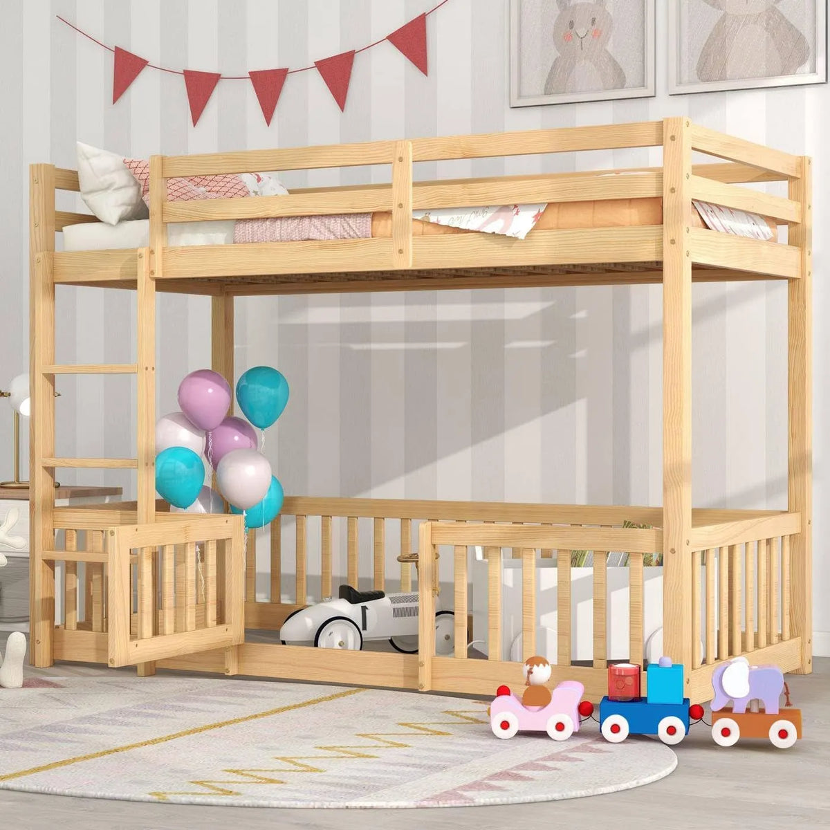 Lit superposé et lit mezzanine: angle droit, en bois, avec échelle, 90 × 200 cm, en bois massif