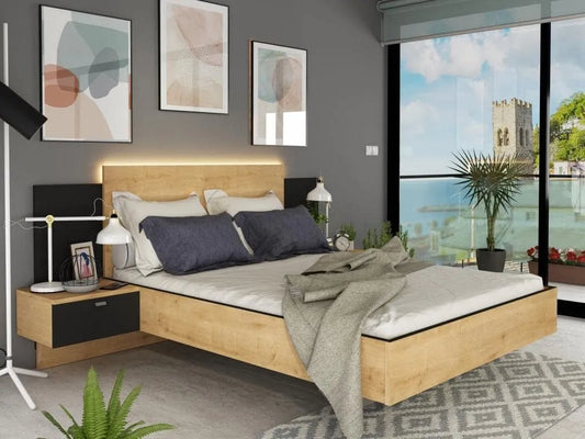 Vente-unique Lit avec chevets 140 x 190 cm – SULOF, avec tiroirs, 2 tiroirs, 140 × 190 cm, noir