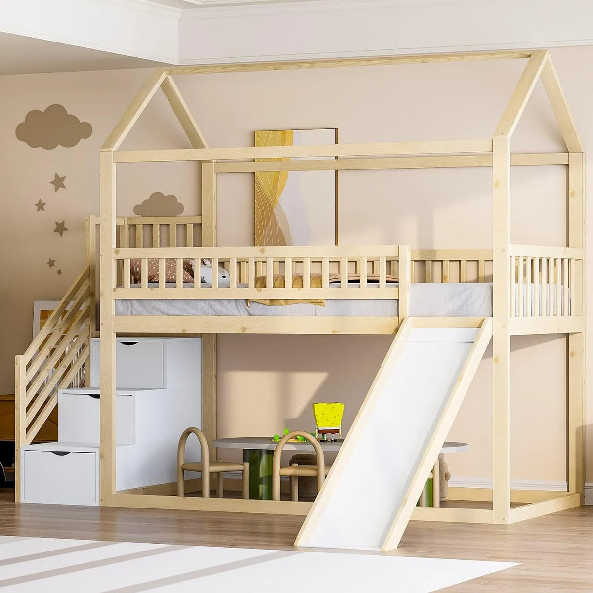 Lit superposé et lit mezzanine: pour enfant, en bois, avec rangement, avec escalier, 2 Places, 90 × 200cm, en bois massif, revêtement en tissu