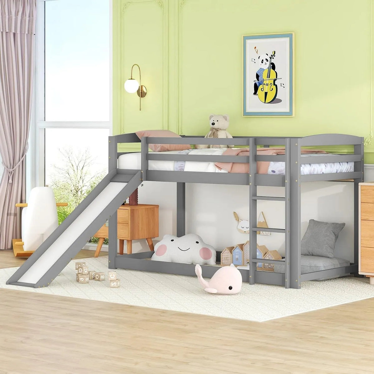 Lits pour Enfants 90x200cm multifonctionnels avec toboggans et échelles — en bois, avec échelle, 90 × 200cm, gris, revêtement en tissu