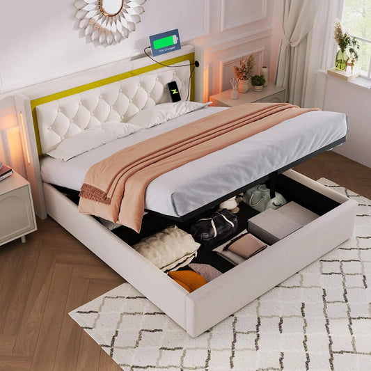 okwish Lit Coffre 140x200 cm: en coton, revêtement en tissu, avec rangement, avec port USB, 140 × 200 cm, beige, avec rangement intégré
