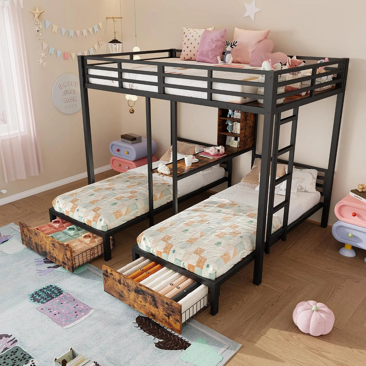 Lit superposé et lit mezzanine — pour enfant, en métal, avec rangement, avec tiroirs, 2 tiroirs, 140 × 200 cm, noir, avec étagères