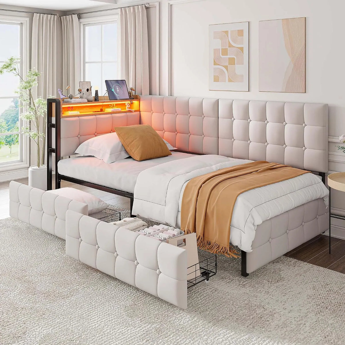 Lit rembourré et cadre de lit tapissé – en métal, avec tiroirs, avec port USB, affichage LED, 2 tiroirs, 90 × 200 cm, revêtement en tissu