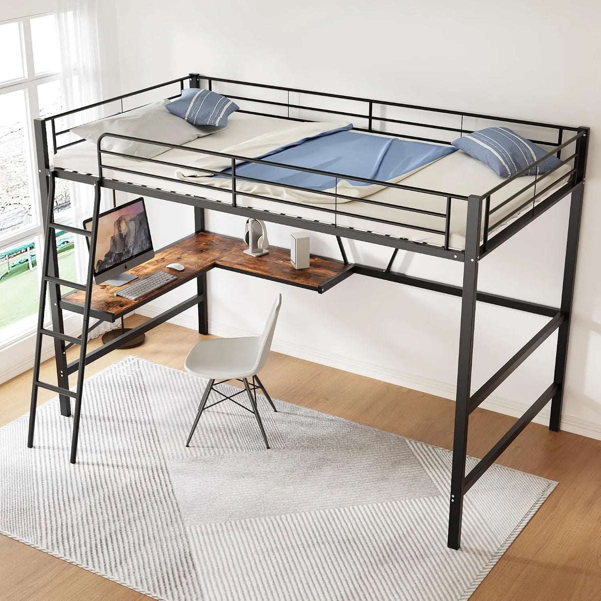 Bureau et table informatique – en métal, avec bureau, avec échelle, 90 × 200, 120 kg, noir