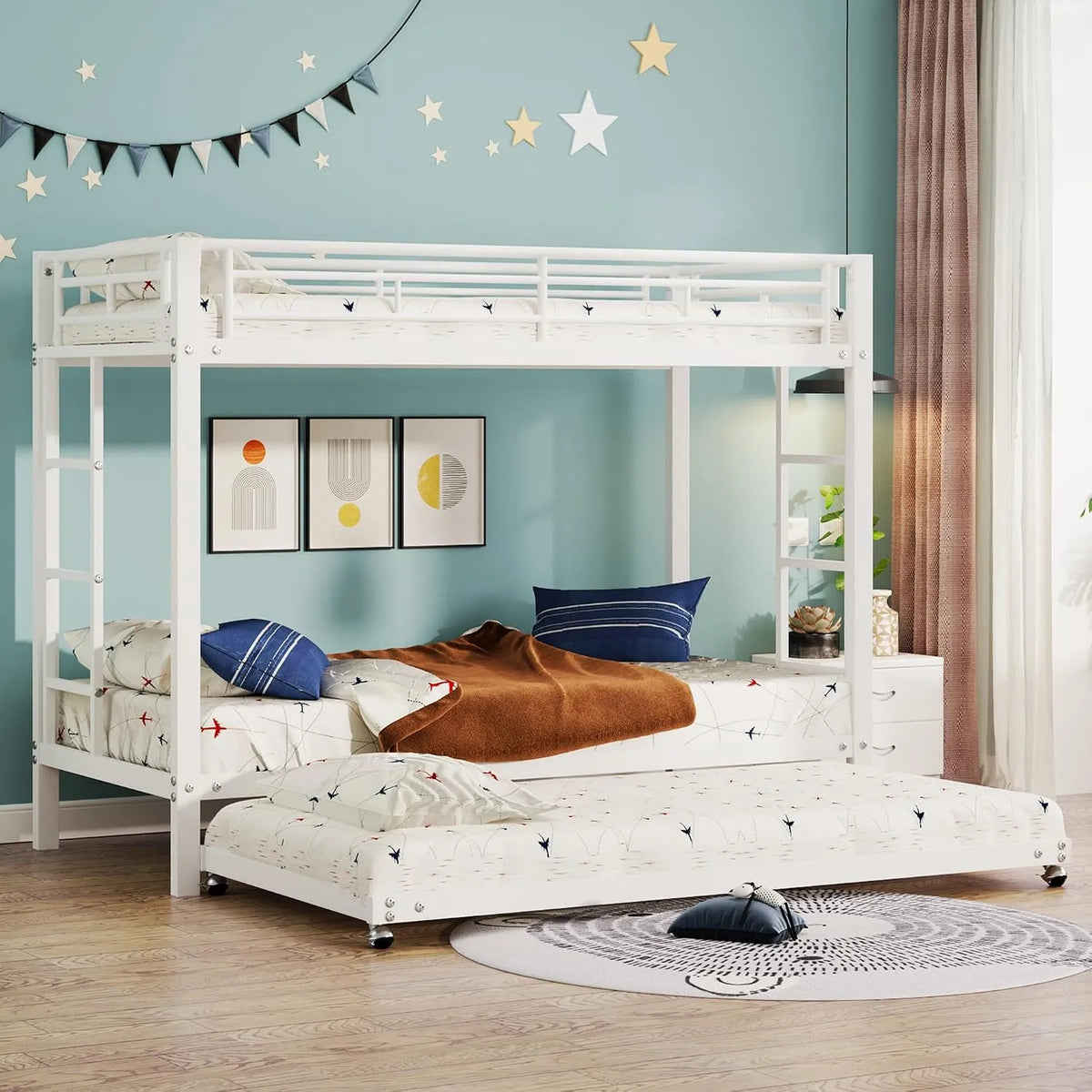 Lit superposé et lit mezzanine – pour enfant, en métal, 90 × 200cm, blanc, revêtement en tissu