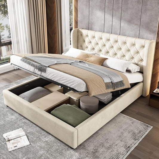 Lit Coffre 140x200cm — revêtement en tissu, avec rangement, 140 × 200cm, beige, revêtement en velours