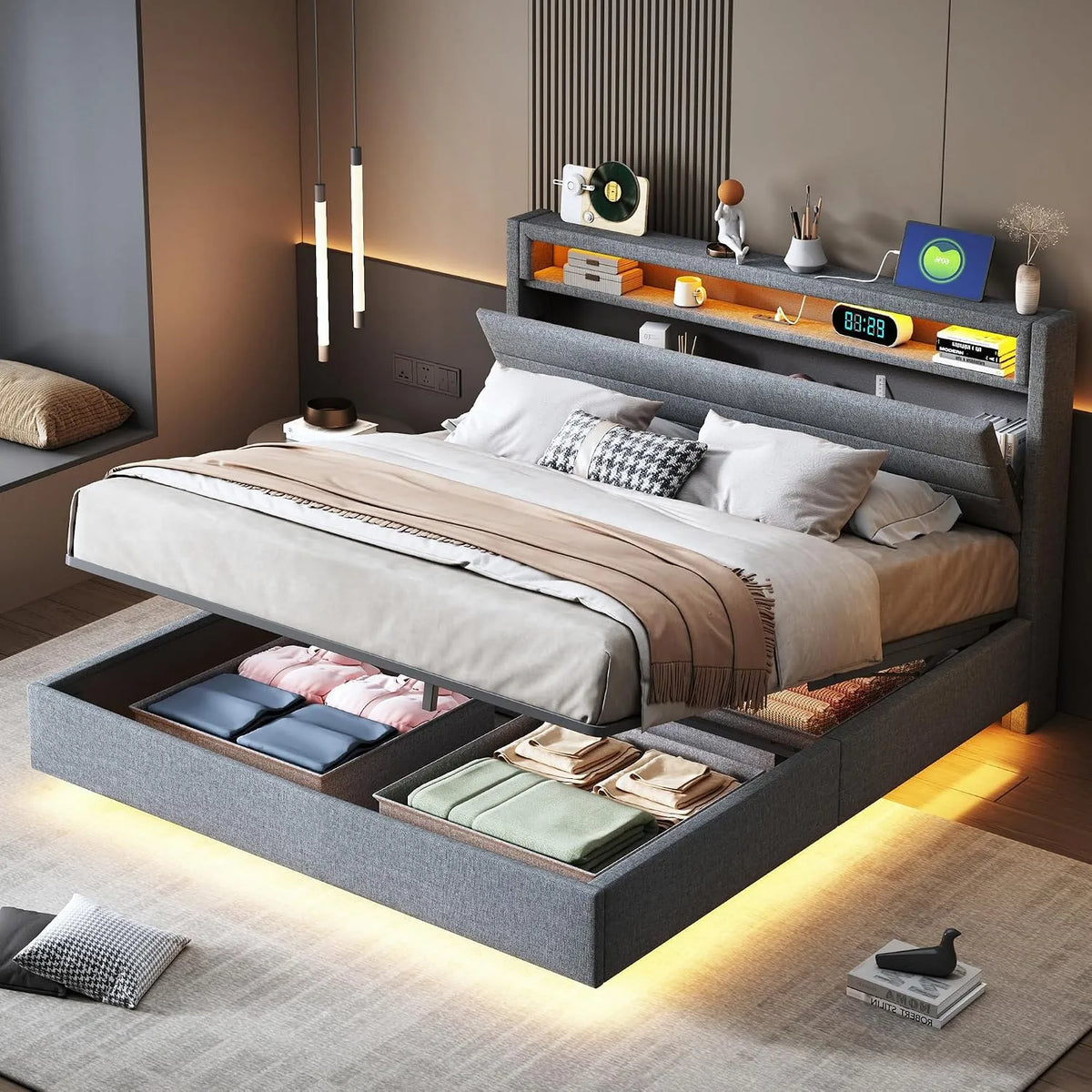 Merax Lit Coffre 140x200 cm: revêtement en tissu, avec rangement, avec port USB, affichage LED, 140 × 200 cm, gris