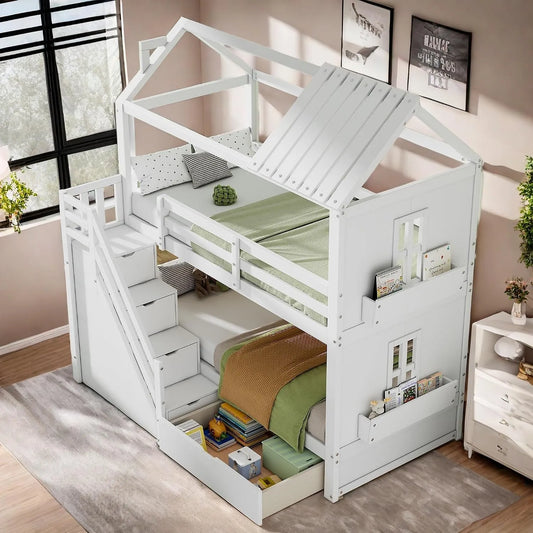 Lit superposé et lit mezzanine – MDF, pour enfant, avec rangement, avec tiroirs, avec étagères, 2 Places, 90 × 200