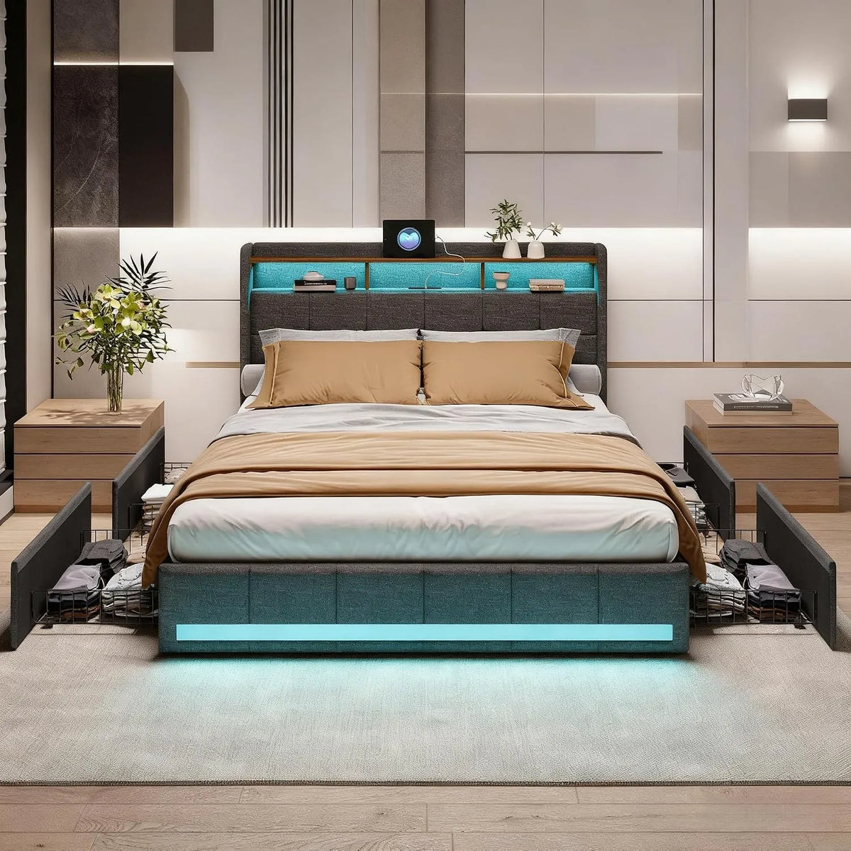 Lit 160x200 avec sommier éclairage LED et Charge USB – avec rangement, avec tiroirs, avec port USB, affichage LED, 4 tiroirs, 160 × 200, 160 × 200 cm