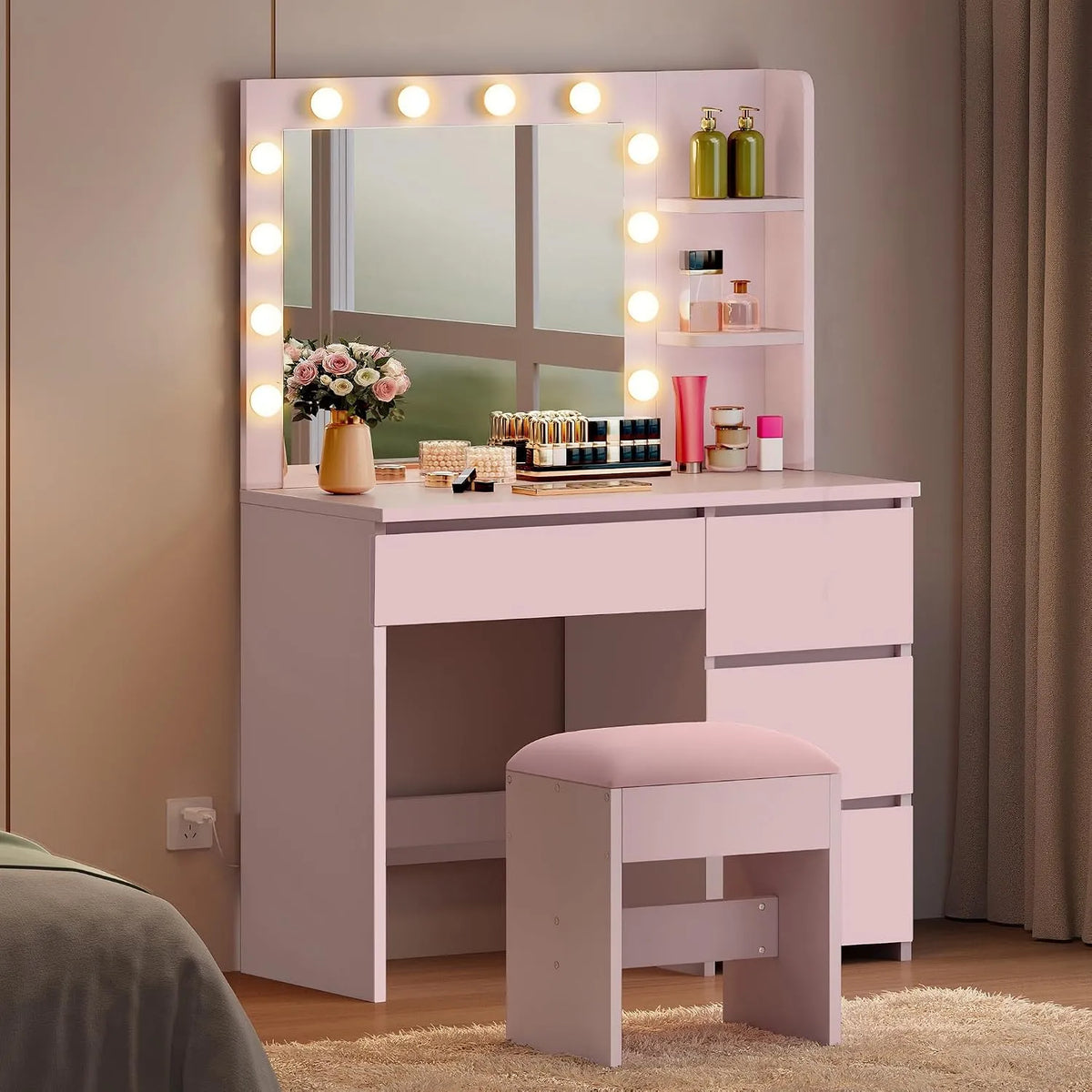 Coiffeuse et table de maquillage: avec tiroirs, avec miroir, 4 Schubladen, rose, avec éclairage LED