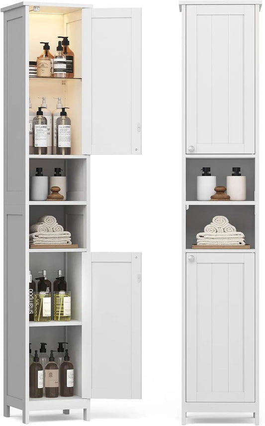 VASAGLE BBC566W03 Armoire de rangement: avec rangement, avec Bibliothèque et étagère de rangements, réglable, blanc, avec étagères, avec éclairage LED