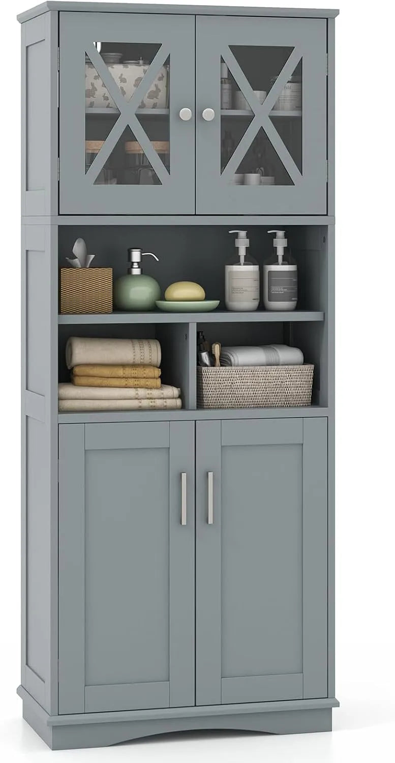 COSTWAY Armoire de rangement: en acrylique, sur pied, avec rangement, 2 Portes, 145 cm, gris