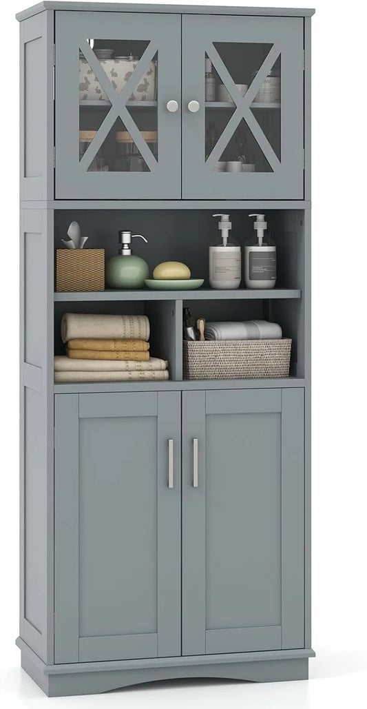 COSTWAY Armoire de rangement: en acrylique, sur pied, avec rangement, 2 Portes, 145 cm, gris