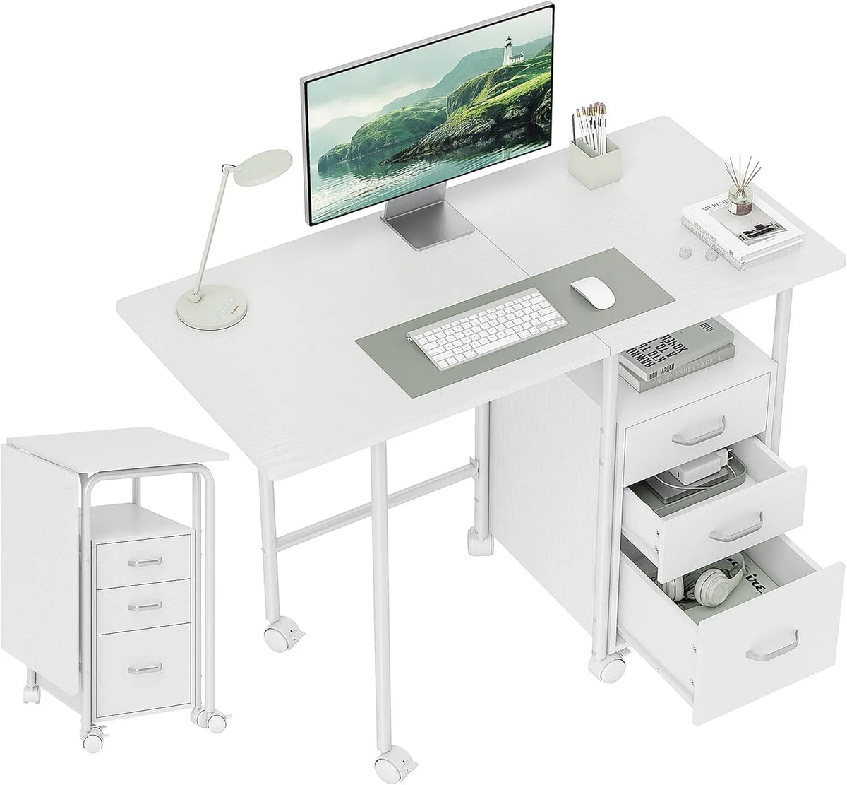 HOMCOM Bureau et table informatique: en acier, avec tiroirs, pliable, avec roulettes, 3 tiroirs, 105 × 51 × 75, 5cm, blanc, extensible