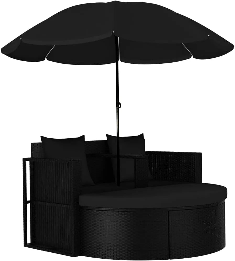 Gartenbett mit Sonnenschirm Poly Rattan Schwarz – en résine tressée, noir
