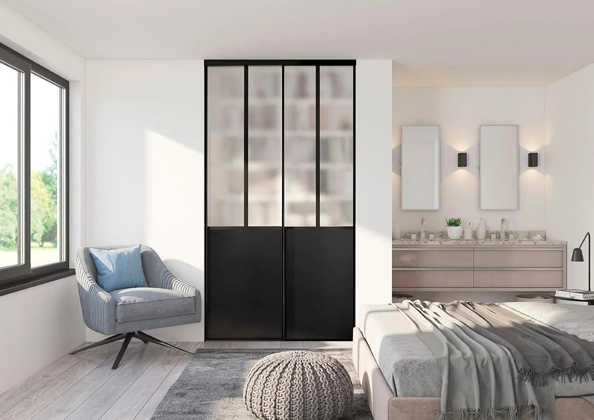 Pack 2 Vantaux Porte Placard Atelier Noir Verre dépoli: 120 × 250 cm
