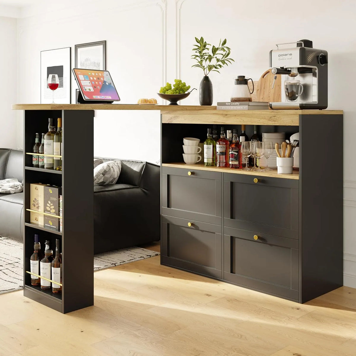 Merax Table de bar extensible avec espace de rangement — avec rangement, avec tiroirs, avec Bibliothèque et étagère de rangements, pivotant, 4 tiroirs
