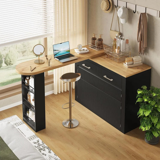 Table de Bar Extensible avec Espace de Rangement – avec rangement, avec tiroirs, verrouillable, avec Bibliothèque et étagère de rangements, 2 Portes