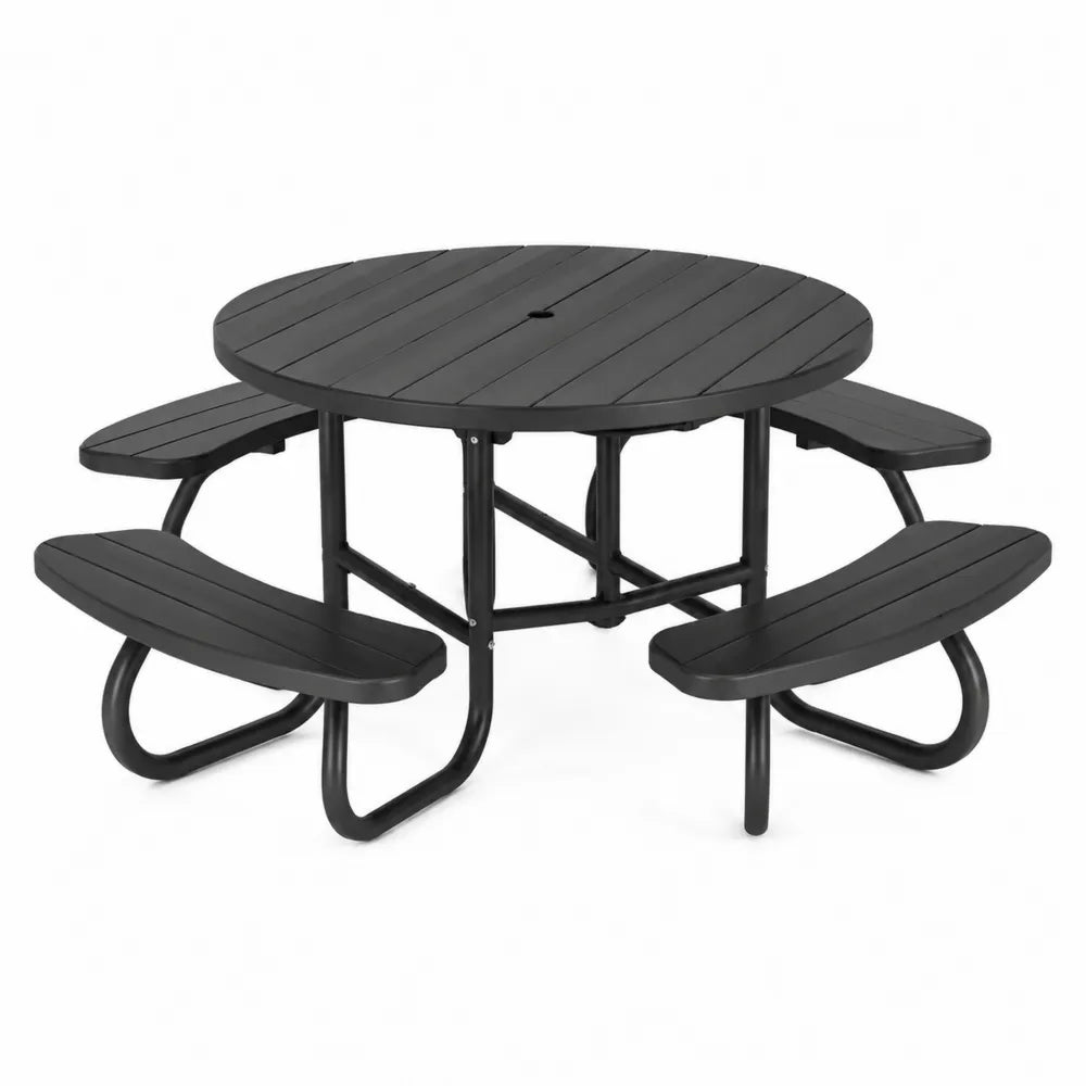 Table de jardin ronde avec bancs intégrés en plastique noir