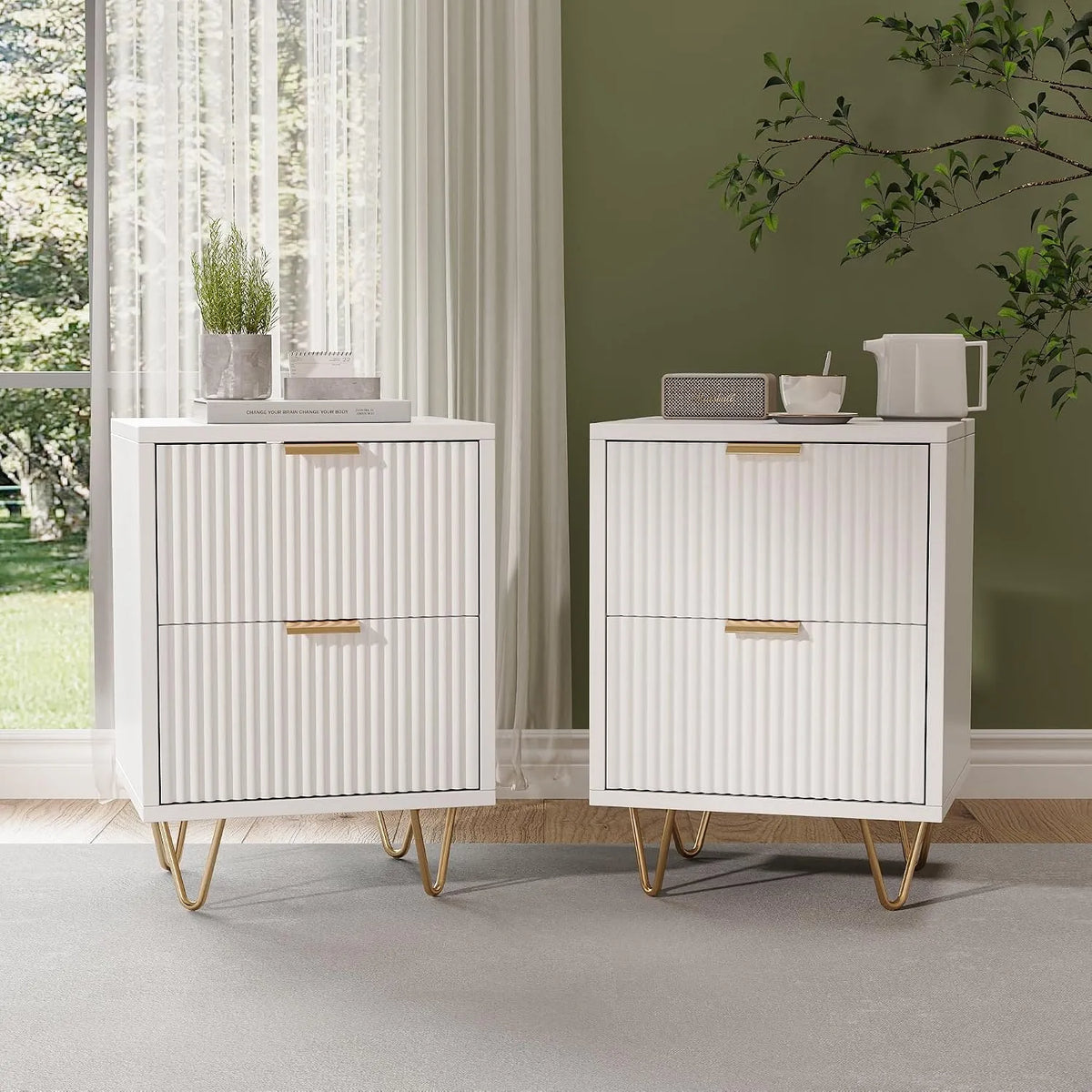 Lot de 2 Tables de Chevet — à motifs, avec tiroirs, 40 × 40 × 55 cm, blanc