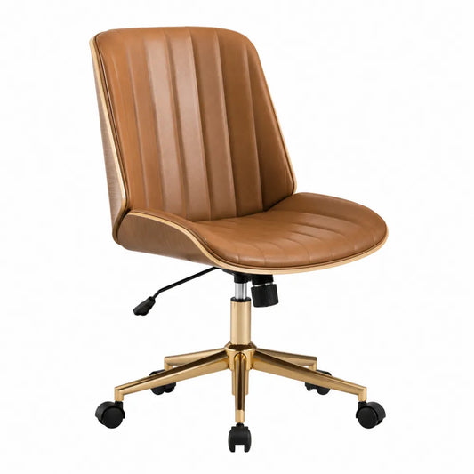 Chaise de bureau en cuir synthétique marron avec base en métal doré