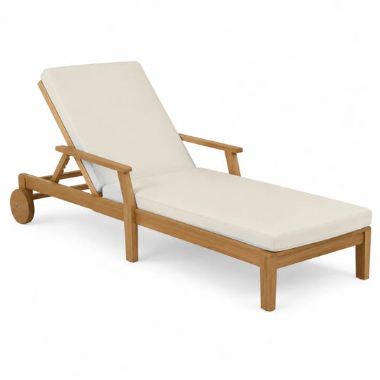 Chaise longue en teck avec coussins en tissu crème 200 cm