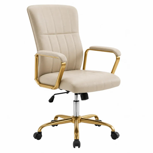 Chaise de bureau en cuir synthétique beige avec accoudoirs dorés