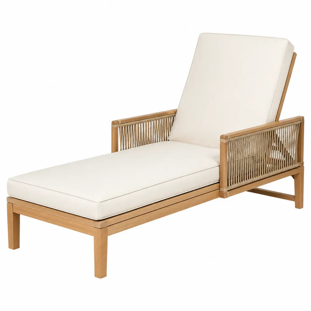 Chaise longue en bois de teck crème avec coussins