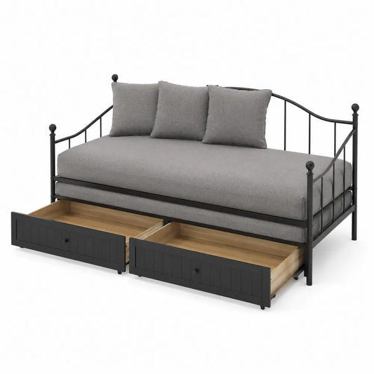 Lit de jour en métal noir avec tiroirs de rangement et coussins en tissu gris