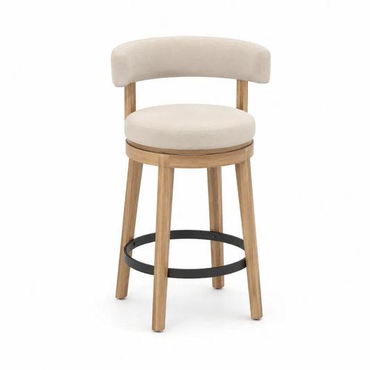 Tabouret de bar en bois avec tissu polyester beige et repose-pieds en métal
