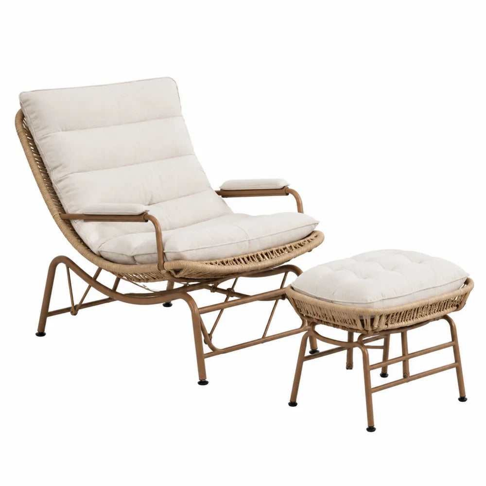 Ensemble Fauteuil et Repose-pied en Rotin Synthétique Beige avec Coussins en Polyester