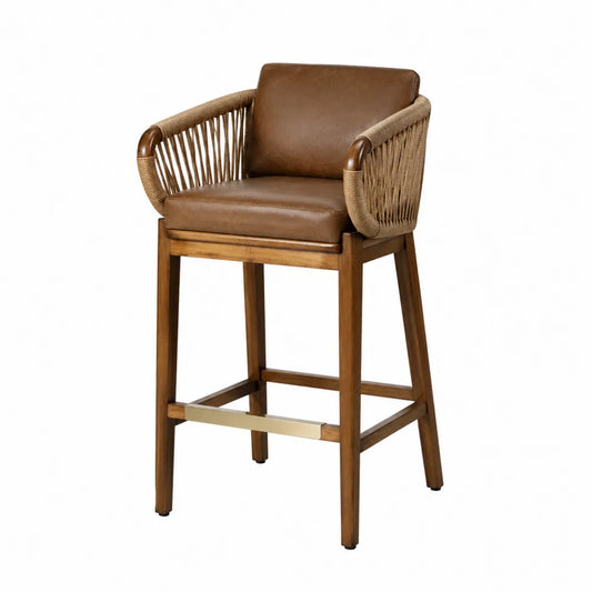 Tabouret de bar en cuir synthétique brun avec rotin naturel et bois