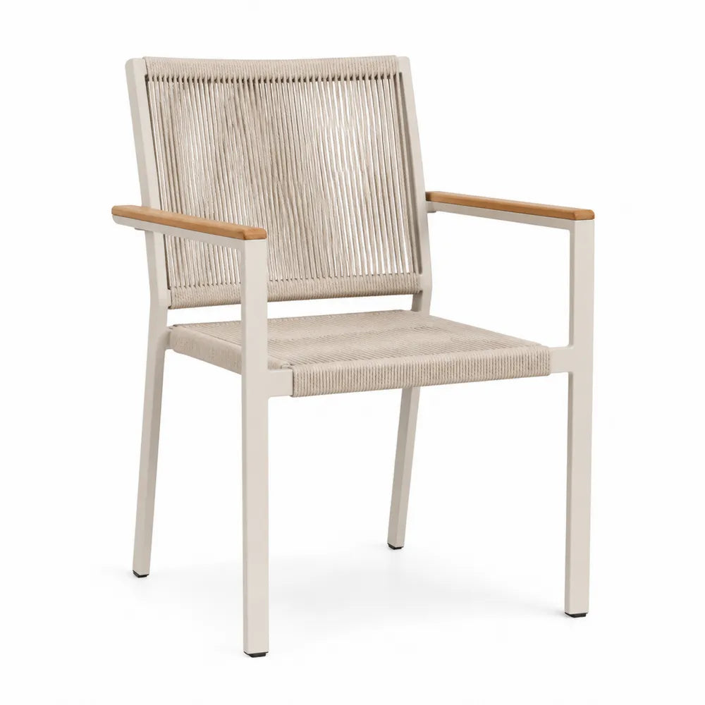Chaise extérieure en aluminium avec accoudoirs en bois et corde beige
