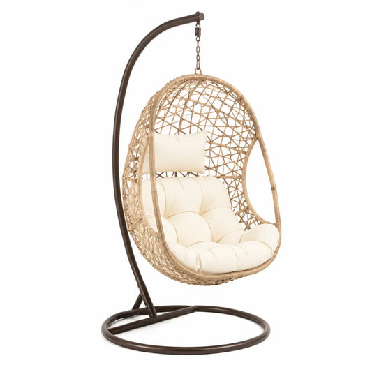 Fauteuil suspendu en rotin beige avec structure en métal