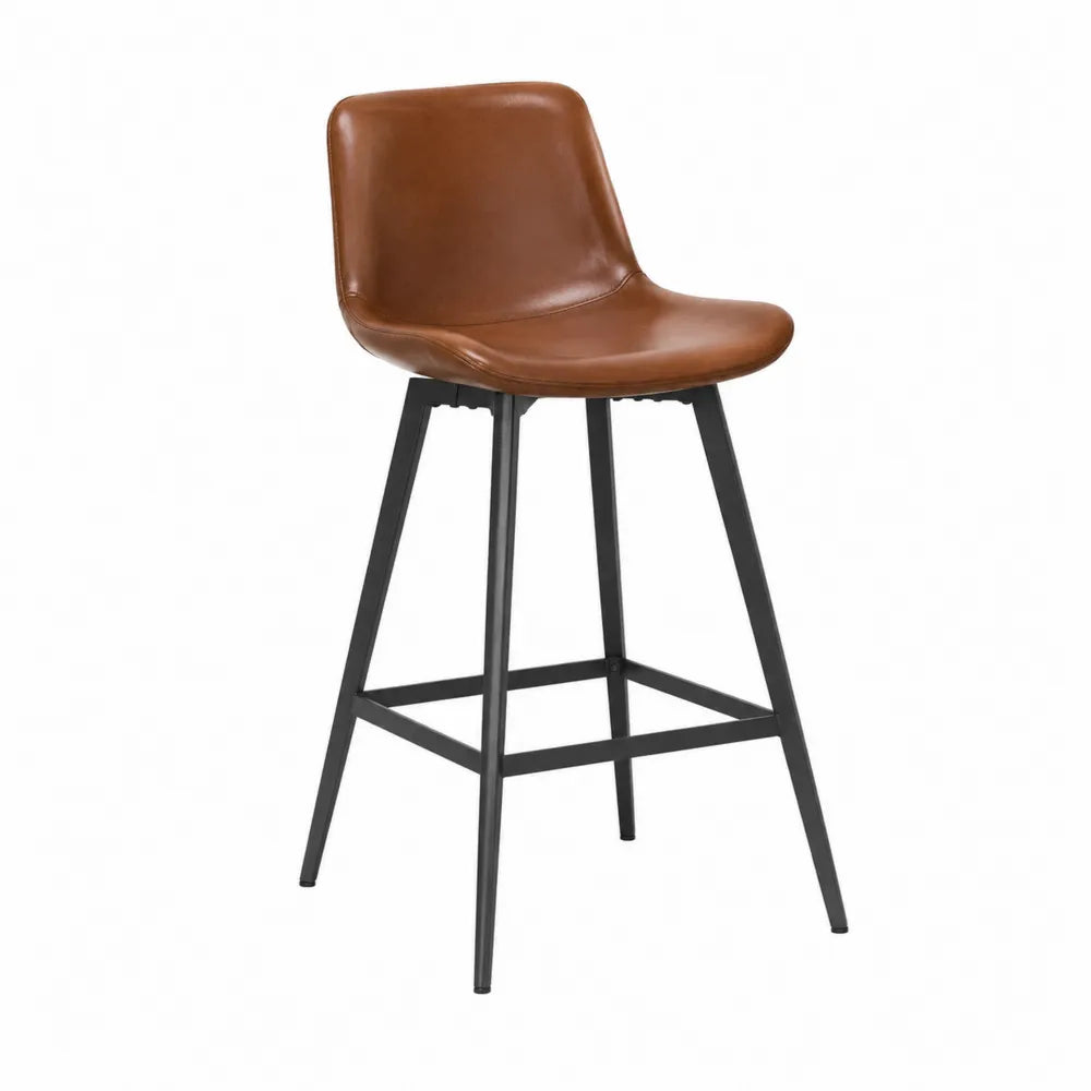 Tabouret de bar en cuir synthétique marron avec cadre en acier noir