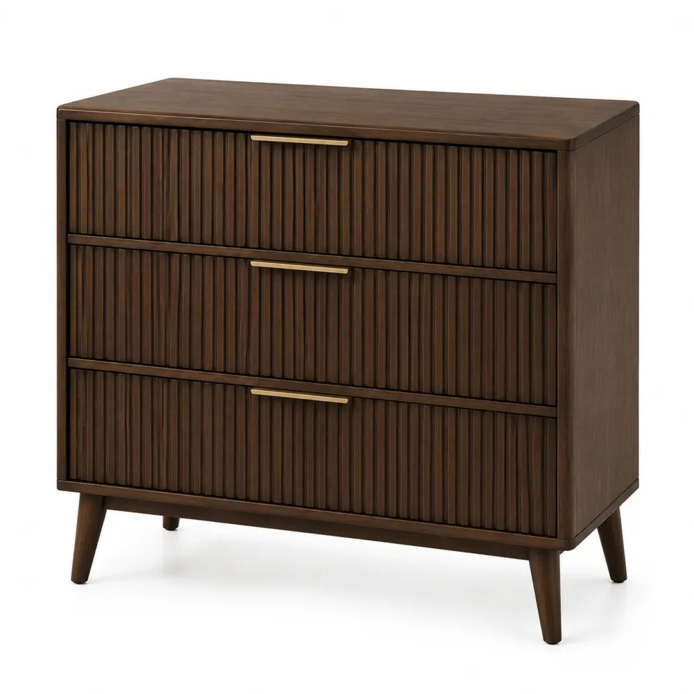 Commode en bois massif avec 3 tiroirs marron et poignées en laiton