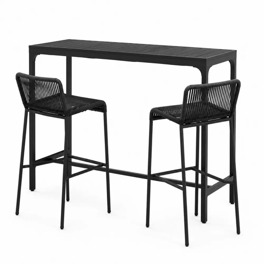 Table et 2 tabourets de bar en métal noir avec corde pour extérieur