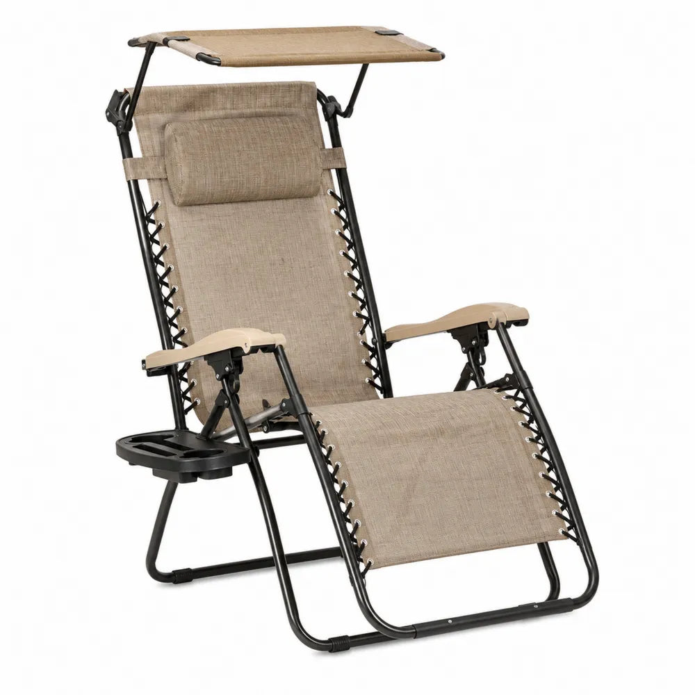 Chaise longue pliante en acier et texaline beige avec pare-soleil et porte-gobelet