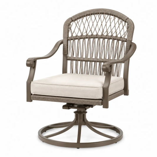 Chaise pivotante d'extérieur en aluminium et corde avec coussin beige